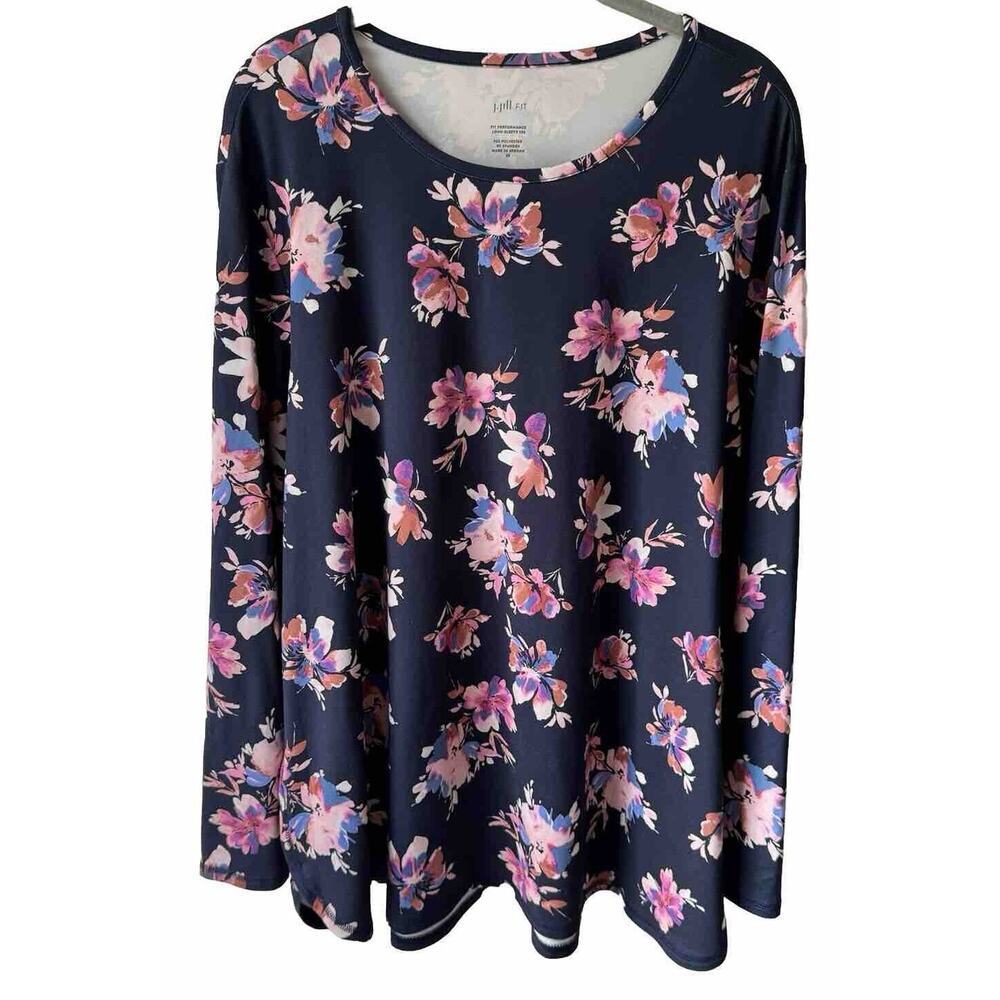 J. Jill Fit Performance Tee Tunic Top Sz 2X Black Floral Long Sleeve Super Soft